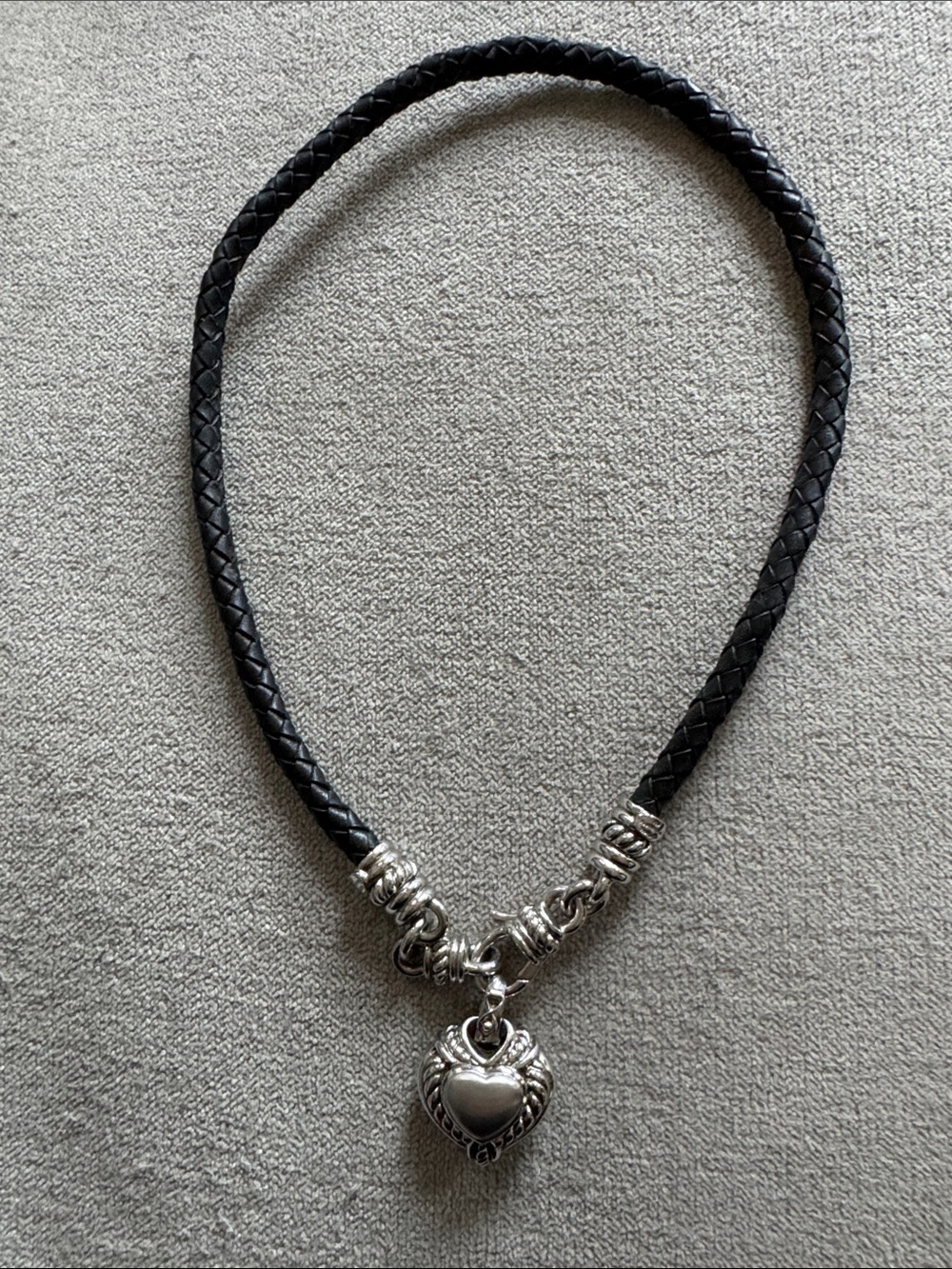 Judith Ripka Black Braided Leather Necklace with Silver Heart Pendant